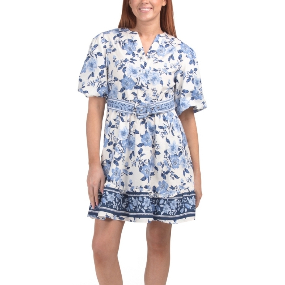 New Joie Floral Puff Sleeve Shirt Dress (12) Blue & White Belted Fit & Flare NWT